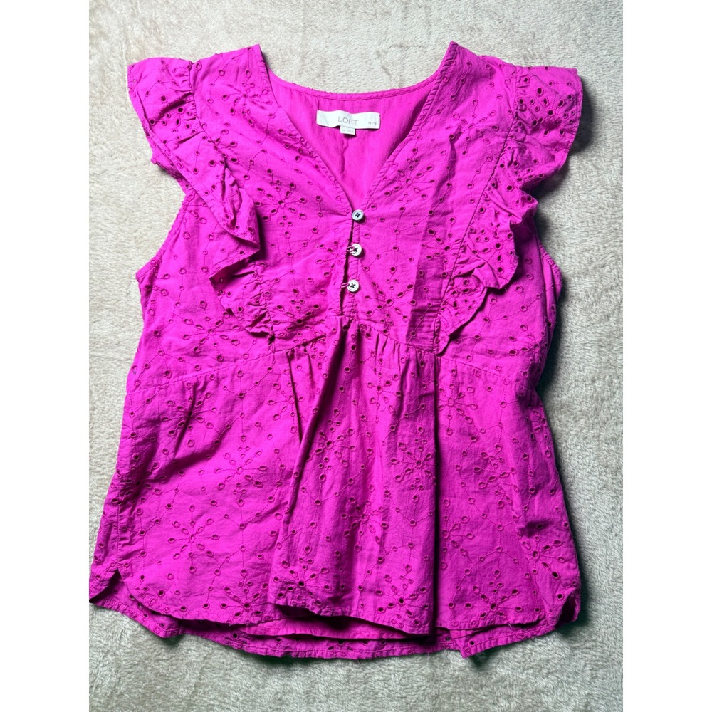 LOFT Petites Pink Eyelet Ruffle Peplum Blouse Womens SP‎ Cotton Top Barbie
